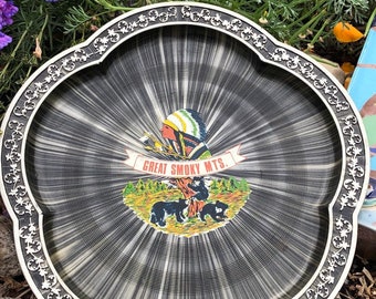 Vintage painted tin tray Great Smokey Mountains souvenir 1970's made in Japan