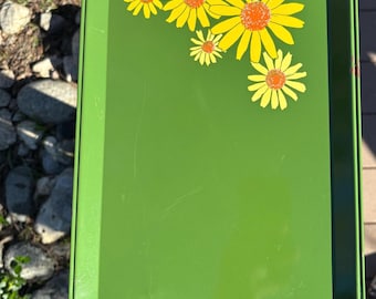 Vintage green metal tray with happy flowers yellow painted daisies 1970s