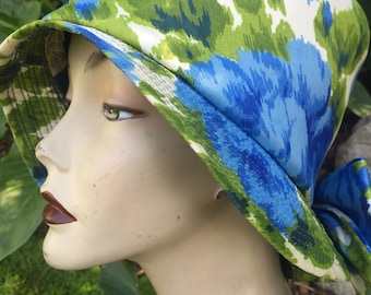 Vintage bucket hat with bow blue floral Hawaiian print hat for her 1970's size 6 3/4