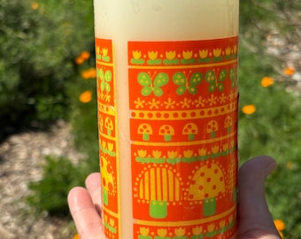 Vintage candle mushrooms and flowers Wesco candle sealed happy orange candle 1970’s