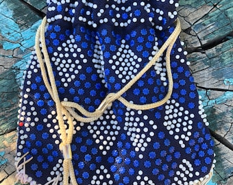 Vintage beaded handbag beaded pouch drawstring ties small blue and white bag