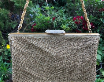 Vintage gold beaded handbag Walborg Japan 1960’s small handbag and mirror rhinestone and hand stitched silk