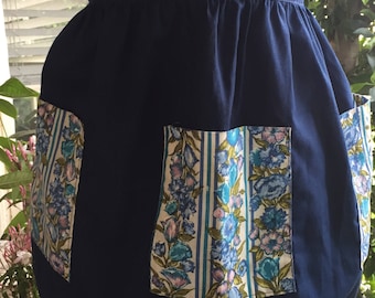 Vintage cotton navy apron with 3 floral fabric pockets half apron ties at waist