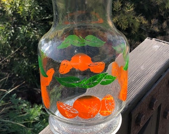 Vintage glass orange juice carafe 1970’s oranges glass jar with white plastic Iid