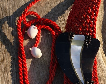Vintage red fabric belt with abalone and shells and beads 1980's