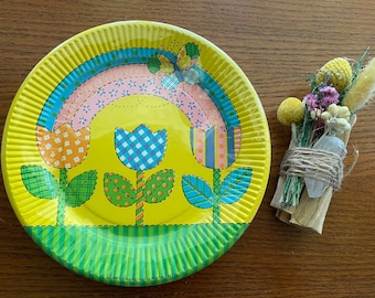 Vintage NOS party plates from American Greetings 1980 yellow rainbow tulips butterfly dessert plates package of 8