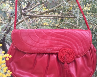 Red leather handbag 1970's made in Italy by Barbara Bolan for Bolan too