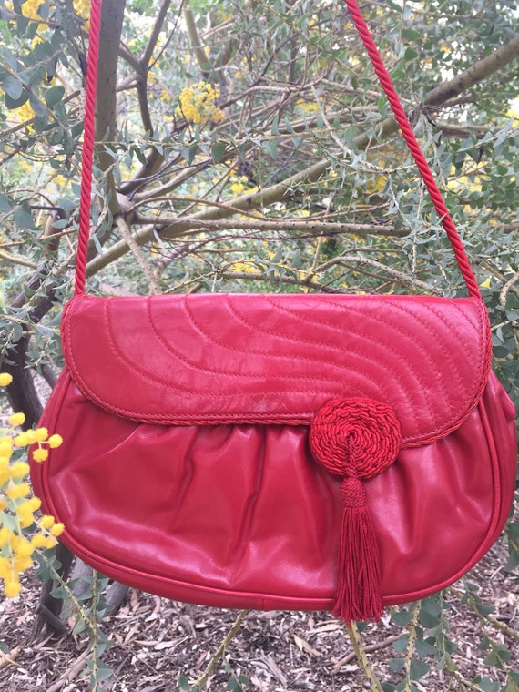 Red leather handbag 1970's made in Italy by Barbar