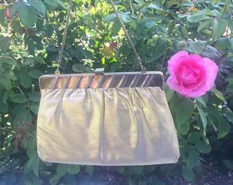 Vintage Harry Levine HL handbag small pleated gold fabric gold chain gold snap closure New York 1950's