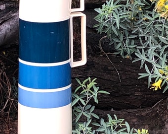 Tall vintage three piece Thermos blues and white plastic with handle and cup straw lid 1980’s