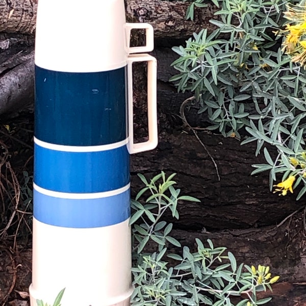 Tall vintage three piece Thermos blues and white plastic with handle and cup straw lid 1980’s