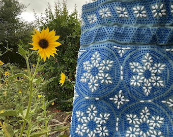 Vintage beaded hand bag blue and white beads purse or tote bag from the 1970’s