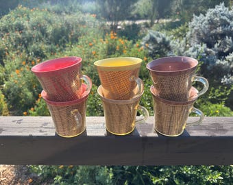 Vintage set of 6 Raffiaware with melmac tumblers 1950’s-1960’s pastel colors