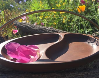 Vintage carved cherry wood tray by Kubosawa with brass handle made in Haiti 1960's in original box