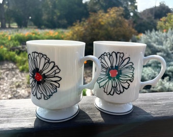 Set of two vintage cups black flowers with red 1980’s