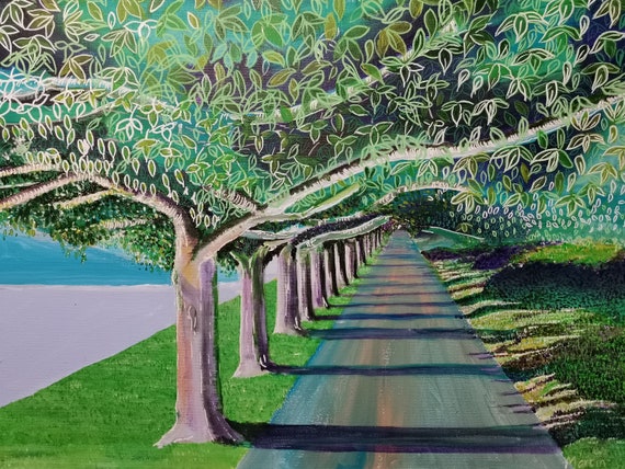 trees by the lake. pop art . close details all leaves . nature