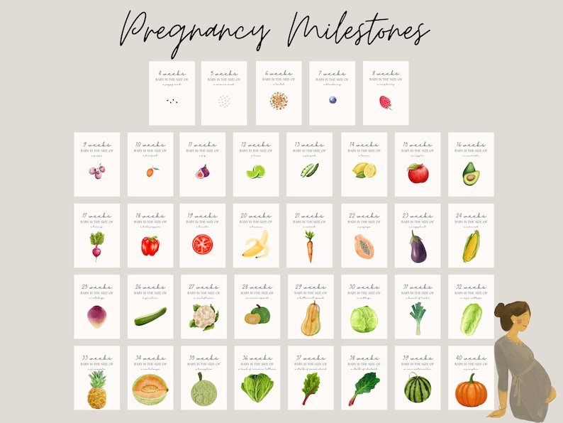 Pregnancy Milestones Cards, Bump Size Cards, Fruits and Vegetables