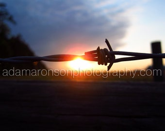 Photograph of barbed wire sunset