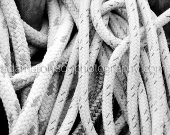 Photograph of marine rope detail in black and white