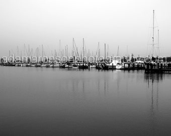 Photograph of boat marina in Rockport, Tx in black and white