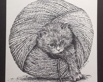 Kitten In Yarn Art Print (Note Card) - SHIPS FREE!