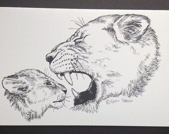 Lioness & Lion Cub Art Print (Note Card) - SHIPS FREE!