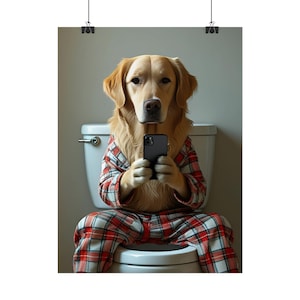 Custom Dog Portrait From Photo, Funny Pet Portrait, Bathroom Art Decor, Dog On Toilet Print, Dog On Phone Poster, Wall Decor, Dog Dad Gift