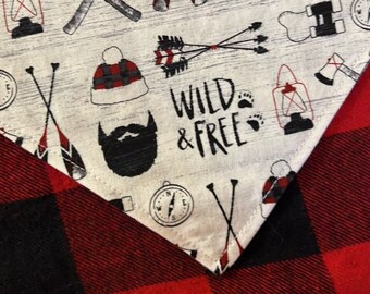 Wild and Free Lumberjack Dog Bandana, Buffalo Check Reversible Slip on Collar Bandana