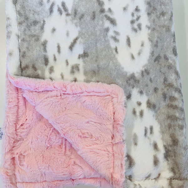 White Lynx Faux Fur Baby Girl Blanket with Pink