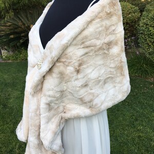 Rabbit Faux Fur Wrap, Cream and Brown Winter Wedding Shawl, Bridal Stole, Vegan Fur Wrap, Bridesmaid Wrap, Night Out Formal Wear