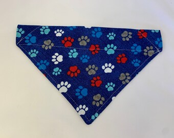 Paw Print Red White and Blue Dog Collar Bandana. Slip-on Dog Collar Bandana. Pet Gifts. Pet Accessories