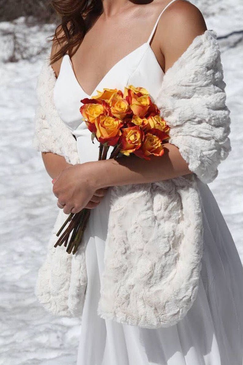 Ivory Cream Faux Fur Shawl, Wedding Wrap, Bridesmaid Coverup, Winter Wedding image 5