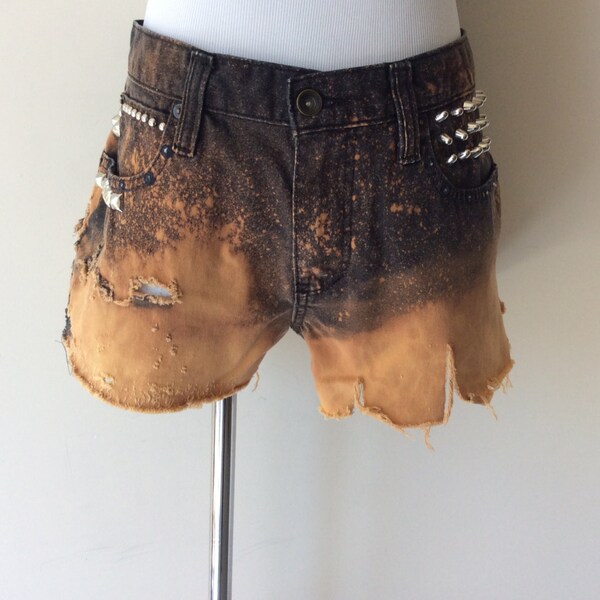 Women's Post Apocalyptic Studded Shorts Bleached Distressed Short Shorts Wasteland Shorts