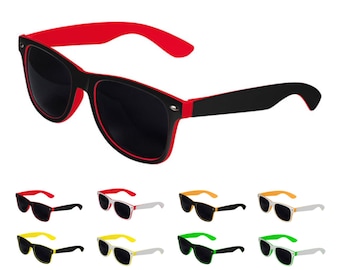May include: Retro two-tone sunglasses with black lenses and a variety of coloured frames. The frames are available in red, orange, yellow, green, blue, purple, pink, and white.