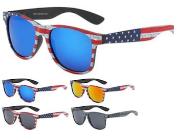 May include: Sunglasses with blue mirrored lenses and frames decorated with a red, white, and blue American flag design. The image also shows variations with orange, grey, and black lenses.