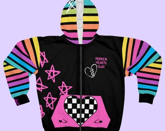 Broken Hearts Club Hoodie | Menhera Kei | Rainbow Emo | Alt Clothes | Harajuku | Decora Style | Unusual Gift | Colorful Clothing