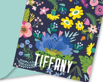 Personalized Custom Bright Fun Flowers 5x7 Greeting Card with Name: Free Shipping