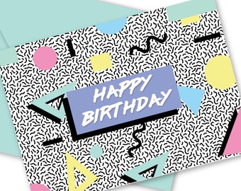 80s Happy Birthday Memphis Style Greeting Card : Free Shipping
