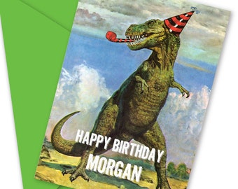 Personalized T-Rex Dinosaur Birthday Greeting Card : Free Shipping