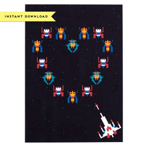 Galaga Love - Tarjeta de felicitación Valentines Arcade - Diseño digital, Descarga instantánea, Listo para imprimir