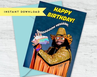 Macho Man Randy Savage Wrestling Birthday Cake, 5x7 Printable Birthday Greeting Card : Instant Download, Digital Design