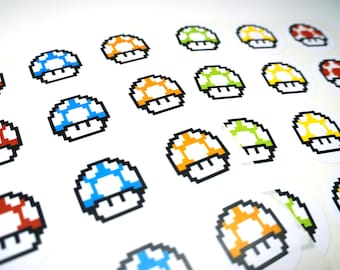 Cabezas de hongo de videojuegos de colores: juego de 24 pegatinas - Envío gratuito