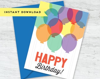 Happy Birthday Balloons 5x7 Printable Greeting Card : Instant Download, Digital Design