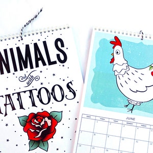 2024 Animals with Tattoos Hanging Wall Calendar, Fun Illustrated Calendar, Free Shipping