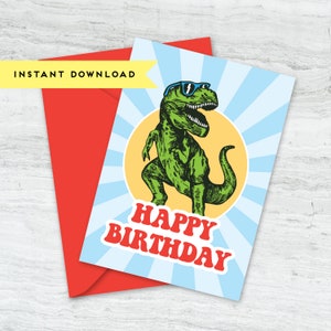 Cartão comemorativo de aniversário de dinossauro T-Rex super legal: cartão para impressão, download instantâneo