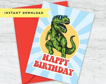 Super Cool T-Rex Dinosaur Birthday Greeting Card : Printable Card, Instant Download