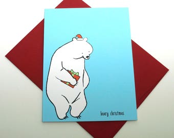 Beary Christmas a Merry Christmas Holiday Greeting Card, Free Shipping