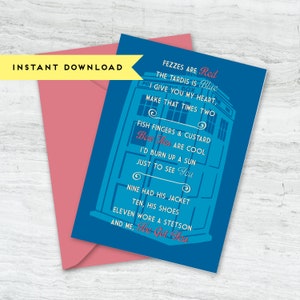 Dr. Who Love Poem : TARDIS Greeting Card Printable Card, Instant Download image 1