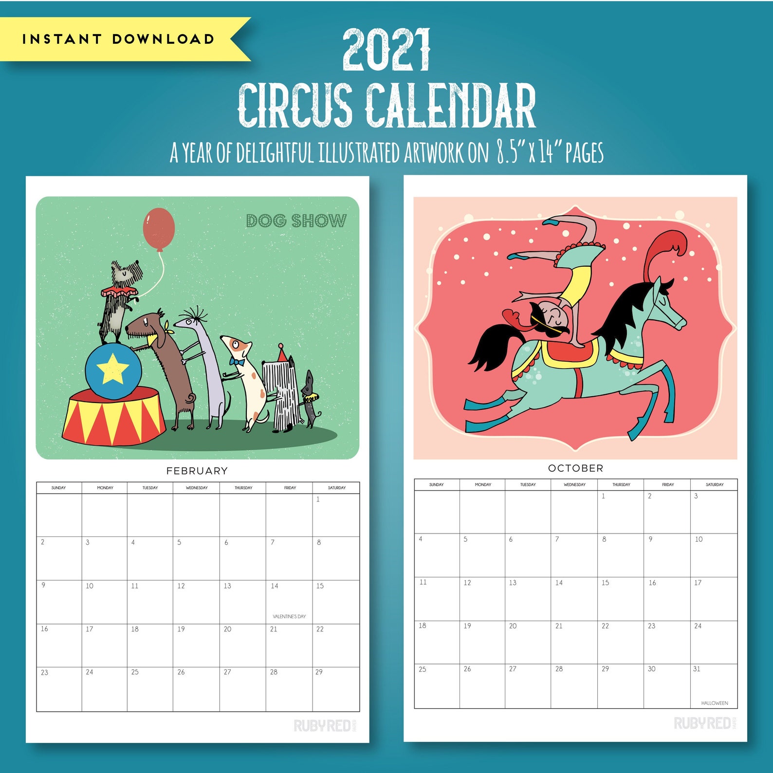 2021 Printable Circus Grid Calendar Digital Instant Download Etsy