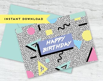 80s Memphis Happy Birthday Greeting Card : Instant Download, Printable Card, Digital Download